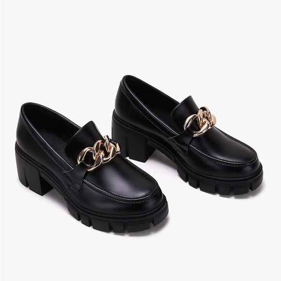 TINSTREE Platform Black Loafers Chain Sz 7 Chunky Heel Slip On Round Toe Shoes - Picture 9 of 14
